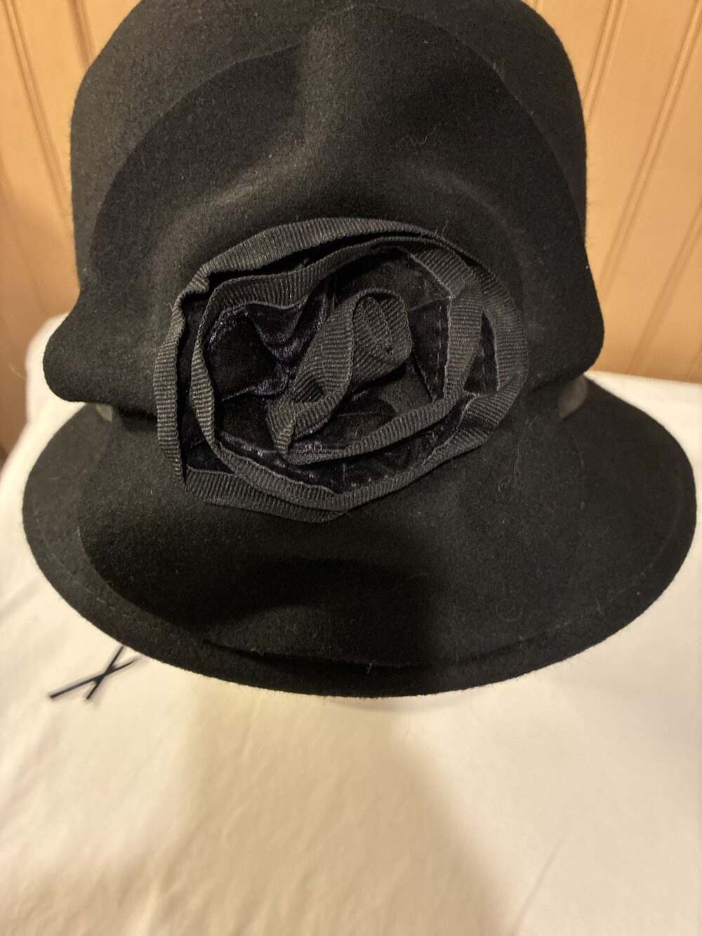 Vintage Black Wool Cloche Hat with Flower Accent One Size Fits All